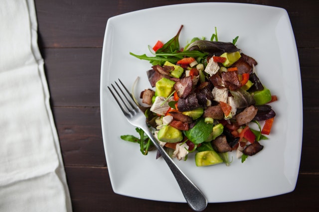 A serving of avocado, chicken, and mushrooms.